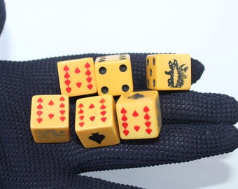 Antique Vintage 1930s Butterscotch Bakelite Poker Dice Set Plus RARE Bakelite Skunk Die, Set of 6 Art Deco Bakelite Poker Dice King Queen