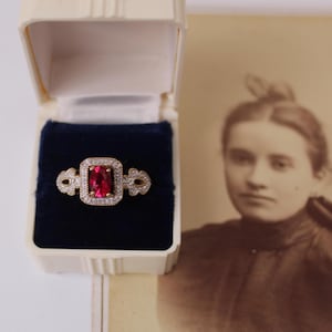 Estate Jewelry - Vintage Gold Vermeil Over Sterling Silver Ruby Ring Size 8, Stamped 925, Rectangular Stone surrounded by Halo, Stunning