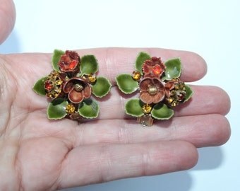 Vintage Mid Century 1950s Enamel Flower Earrings Clip Ons with Many Rhinestones Citrine Like, Orange Yellow Rhinestones Green Leaves