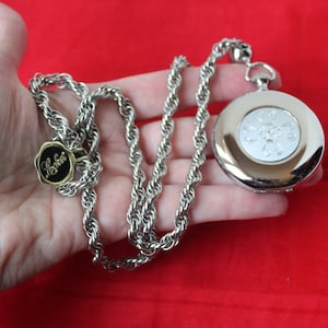 Vintage Round Silver Plate Larger Mid Century Locket, Etched Dogwood Flower Center, 25&quot; Long Silver Chain, Original Foil Tag, Never Worn