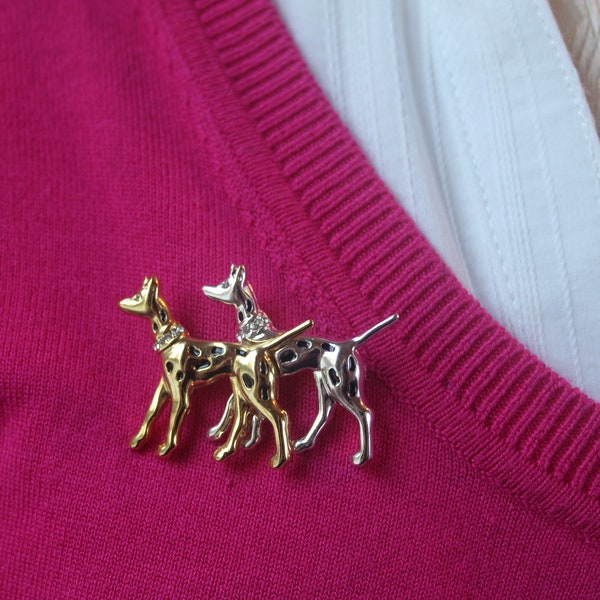 Vintage Pair of Doberman Dogs Pin Brooch, Pointy Ear Dogs Terriers, Dobermans, 2 Tone Silver Gold Dog Pin Crystal Eyes and Collars