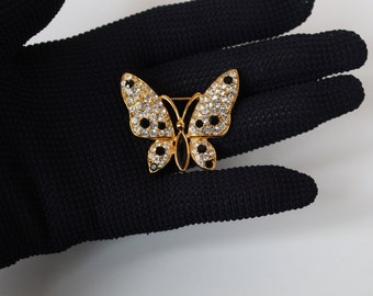 Vintage Gold Tone Butterfly Pin with Faux Dark Blue Sapphire Stones and Pave White Crystals, Excellent