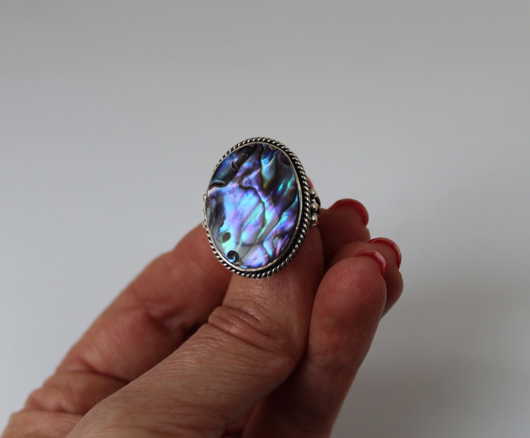 925 Sterling Silver Abalone Shell Ring – Blue Green Paua Mother Of Pearl Wrap Ring, Boho