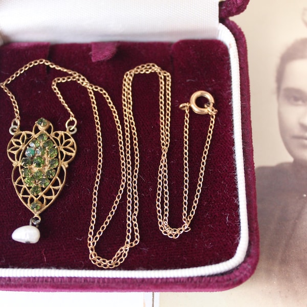 Estate Jewelry - Antique Victorian Era Lavaliere Pendant Necklace Filigree Unusual Green Garnets Gold Filled Filigree with Baroque Pearl