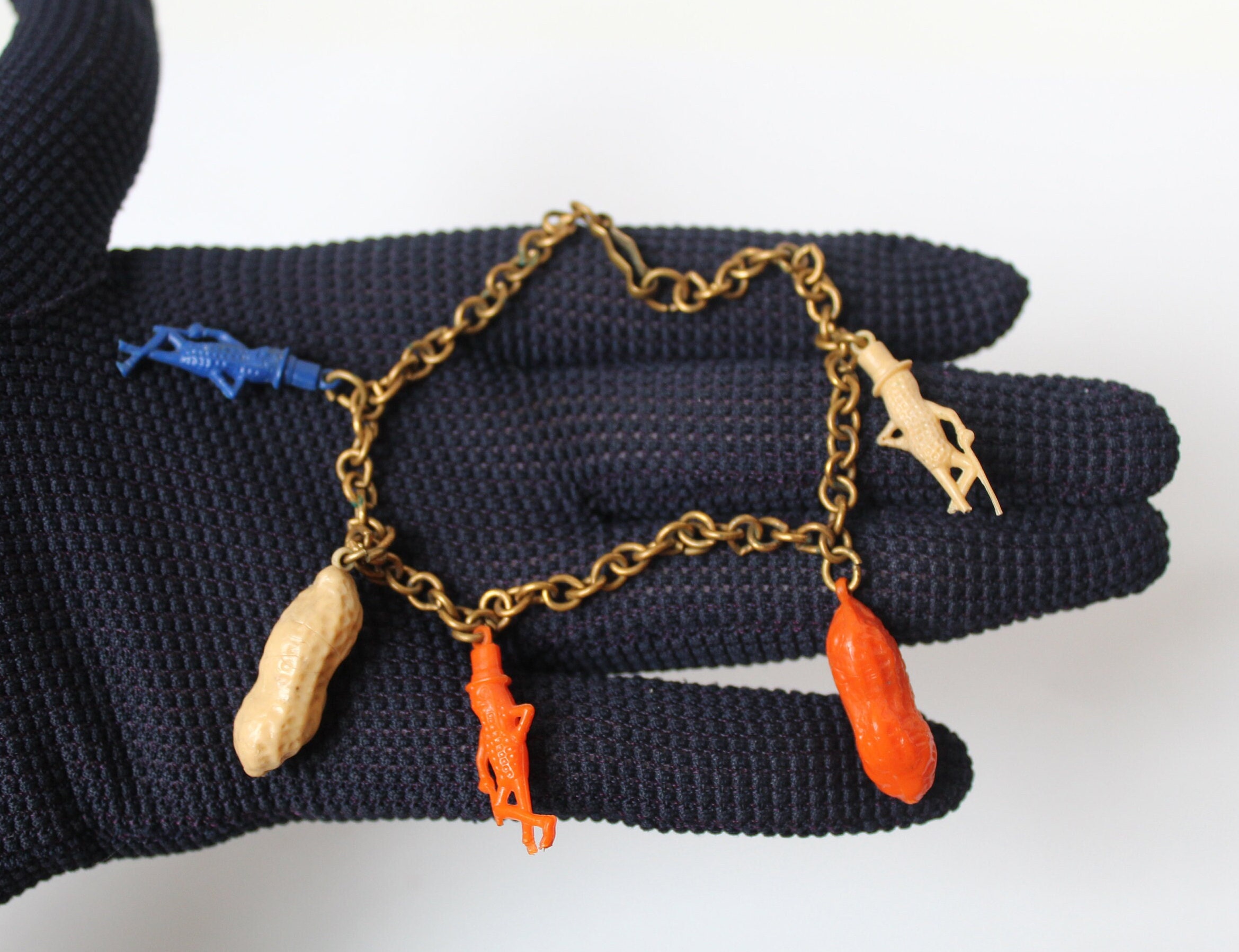 Vintage 1930s Planters Mr Peanut Celluloid Charm Bracelet, Old