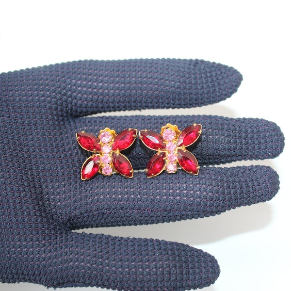 Vintage Mid Century Butterfly Earrings Clip Ons Faux Red Rubies, Pink Rhinestones, Gorgeous Vintage Bling 50s Butterflies Earrings Excellent