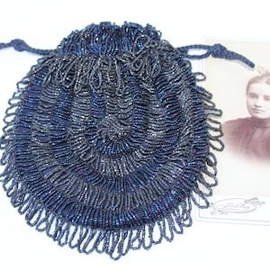 Antique Art Deco Era 1920s Flapper Microbeaded Tiny Glass Beads Purse Handbag, Original Gatsby Era Pouch, Dark Blue Navy Iridescent Beads