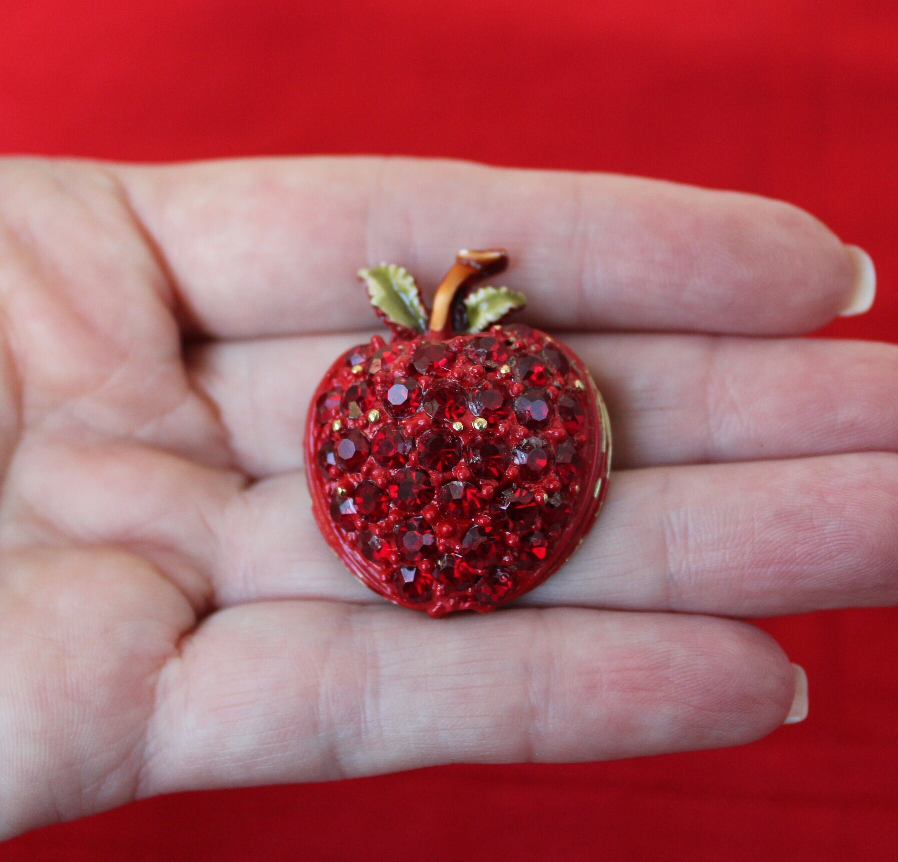 Vintage Kitsch Apple Pin, Mid Century Fabulous Red Rhinestone Faux Rubies Red Fruit Apple Pin Brooch, Red Enamel Curved Apple Wow!