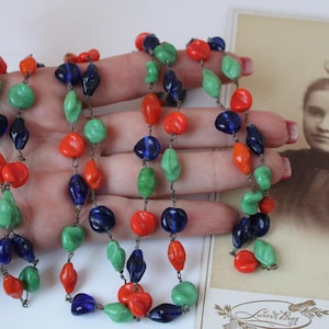 Estate Vintage Art Deco Era CZECH Made Molded Glass Necklace Vibrant Colors Cobalt Blue Marbled Green Art Glass, Orange, Extra Long 53&quot; Long