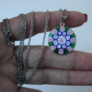 Vintage Gorgeous Original 1980s Italian Glass Millefiori Pendant Necklace Signed AMV Antica Murrina Venezia Jewelry Long 24" Silver Chain