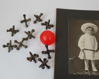 Antique Children's Game Heavy Old Larger Jacks with Red Ball, Lot of 10 Old Jacks with Ball, Victorian Antique Kids Games Toys Pointed Ends