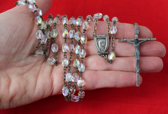 Beautiful Antique Iridescent Crystal Rosary, Face… - image 3