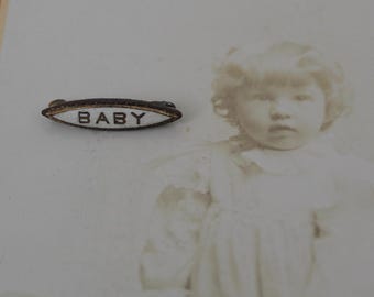 Antique Victorian BABY Pin Brooch, Tiny White Guilloche Enamel Baby Pin, Decorative Edge, Circa 1900, Wearable Old Pin