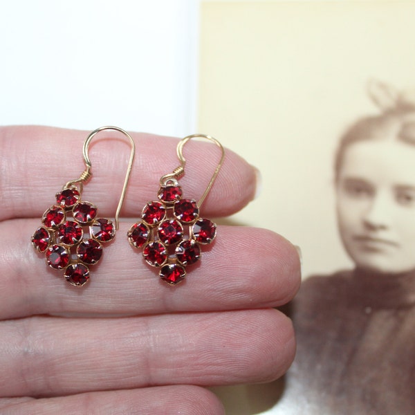 Antique Vintage Art Deco Faux Red Ruby Red Czech Glass Faceted Red Stone Prong Set Earrings 14K Gold Filled Dangle Pierced Earrings