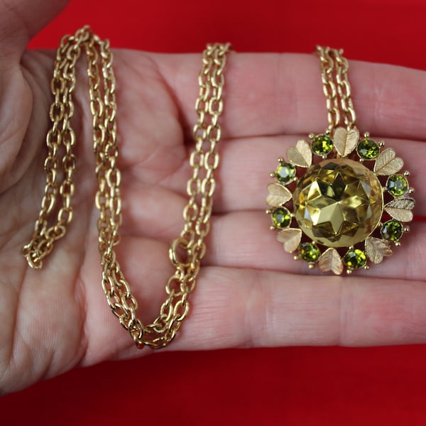 Vintage Avon Faux Green Peridot and Citrine Like Stones with Heart Shaped Leaves, Large Green Center Stone Pendant Necklace, Also A Pin