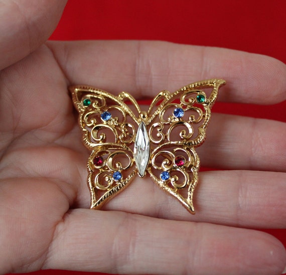 Vintage Jeweled Butterfly Pin Brooch Designer Sig… - image 2