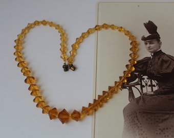 Antique Art Deco Citrine Like Glass Beaded Necklace Beautiful Czech Faceted Fancy Cut Beads, Older Brass Clasp, Yellow Citrine Like Crystal