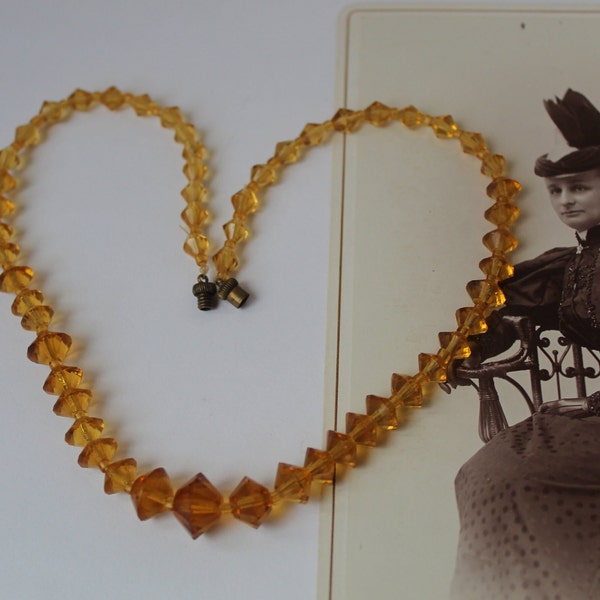 Antique Art Deco Citrine Like Glass Beaded Necklace Beautiful Czech Faceted Fancy Cut Beads, Older Brass Clasp, Yellow Citrine Like Crystal