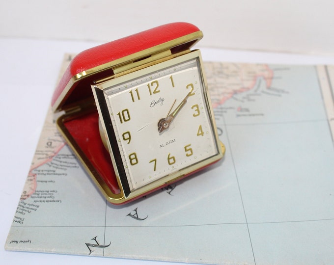 Vintage Mid Century Bradley Alarm Clock Alarm Clock Folding Travel Clock Red Case, Works Great
