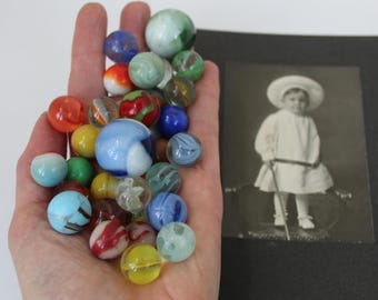 Lot of 34 Antique Victorian Marbles  2 Large Shooter Marbles, Green Swirl Shooter, Blue Swirl Shooter, Agates Unique Ones Estate, Old Ones