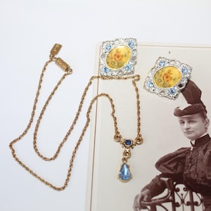 Vintage 1928 Jewelry Company Set Necklace & Pierced Post Earrings, Blue Stones, Pretty Aqua Stone Drop Necklace Aqua Rhinestone Earrings