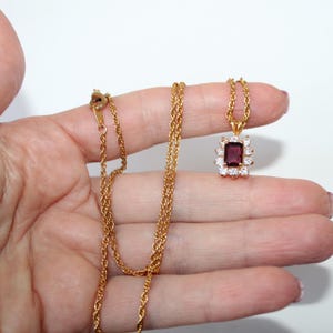Vintage Beautiful Avon Deep Purple Faux Amethyst Pendant Necklace Surrounded by White Crystals on Longer 20&quot; Gold Plate Chain, Excellent