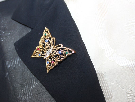 Vintage Jeweled Butterfly Pin Brooch Designer Sig… - image 5