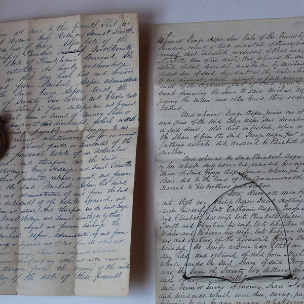 Antique Handwritten Land Deed 1839, 1840s Land in Paradise Township York County PA To Michael Asper from Hollinger, Trostle, Wehler