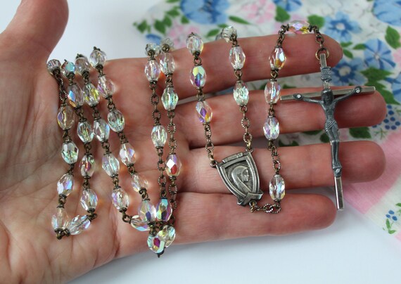 Beautiful Antique Iridescent Crystal Rosary, Face… - image 1