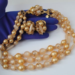 Beautiful Vintage Mid Century Mod MCM Designer 1950s Judy Lee Jewelry Set Rich Gold & Cream Triple Necklace Clip Earrings Set Gold Flecks