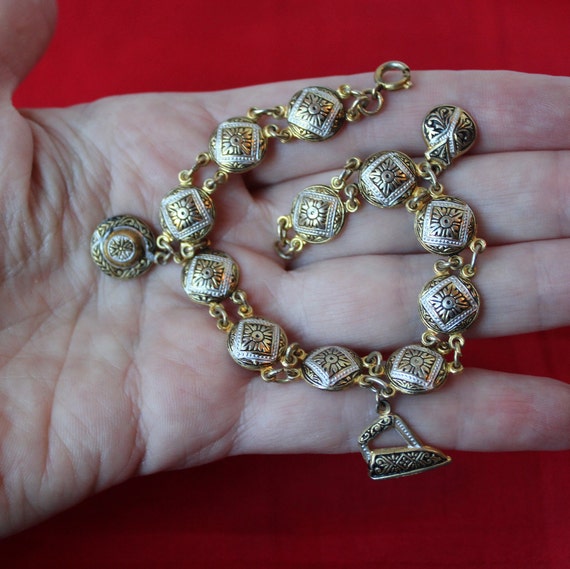 Vintage Damascene Charm Bracelet with Dangle Char… - image 8