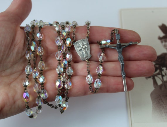 Beautiful Antique Iridescent Crystal Rosary, Face… - image 7