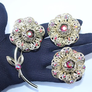 Vintage Mid Century 1961 Large Aurora Borealis Iridescent Filigree Flower Jewelry Set Clip On Earrings Sarah Coventry "Fashion Flower" 1961