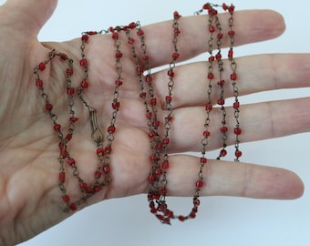 Estate Art Deco Era 1930s Wired Red Czech Glass Beads Extra Long 42" Flapper Style Red Glass Beaded Necklace, Unique Unusual Long Necklace