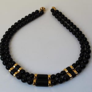 Vintage 1980s Haute Couture Designer NAPIER Black Lucite & Gold Tone Beaded Collar Necklace, Signed NAPIER, Double Stranded Black Beads