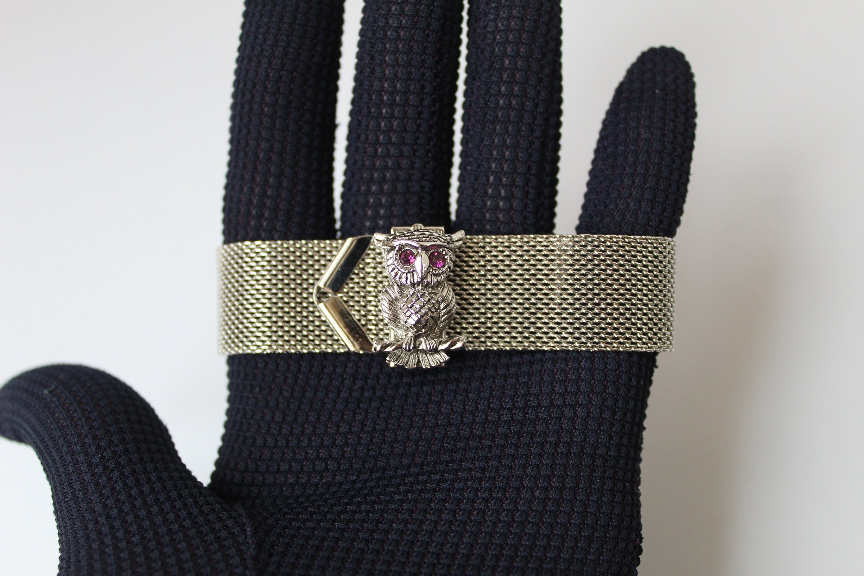 Vintage 1972 Silver Mesh Owl Bracelet, Adjustable with Purple Stone Eyes by Sarah Coventry, Excellen