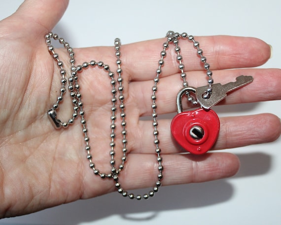 Vintage Lock and Key Necklace, Red Enamel Heart S… - image 1