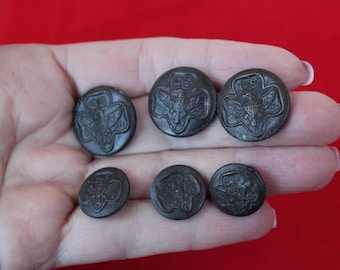 Lot of 6 Old Antique Girl Scout Buttons, Old 1920s Girl Scout Coat Buttons, Embossed Metal, Made in New York, 3 Large, 3 Smaller