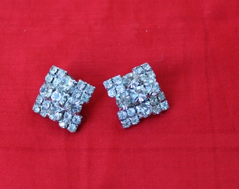 Vintage Dazzling Mid Century Rhinestone Earrings, Clip On Rhinestone Earrings with Many Prong Set Rhinestones, Dazzling Mid Century 1950s