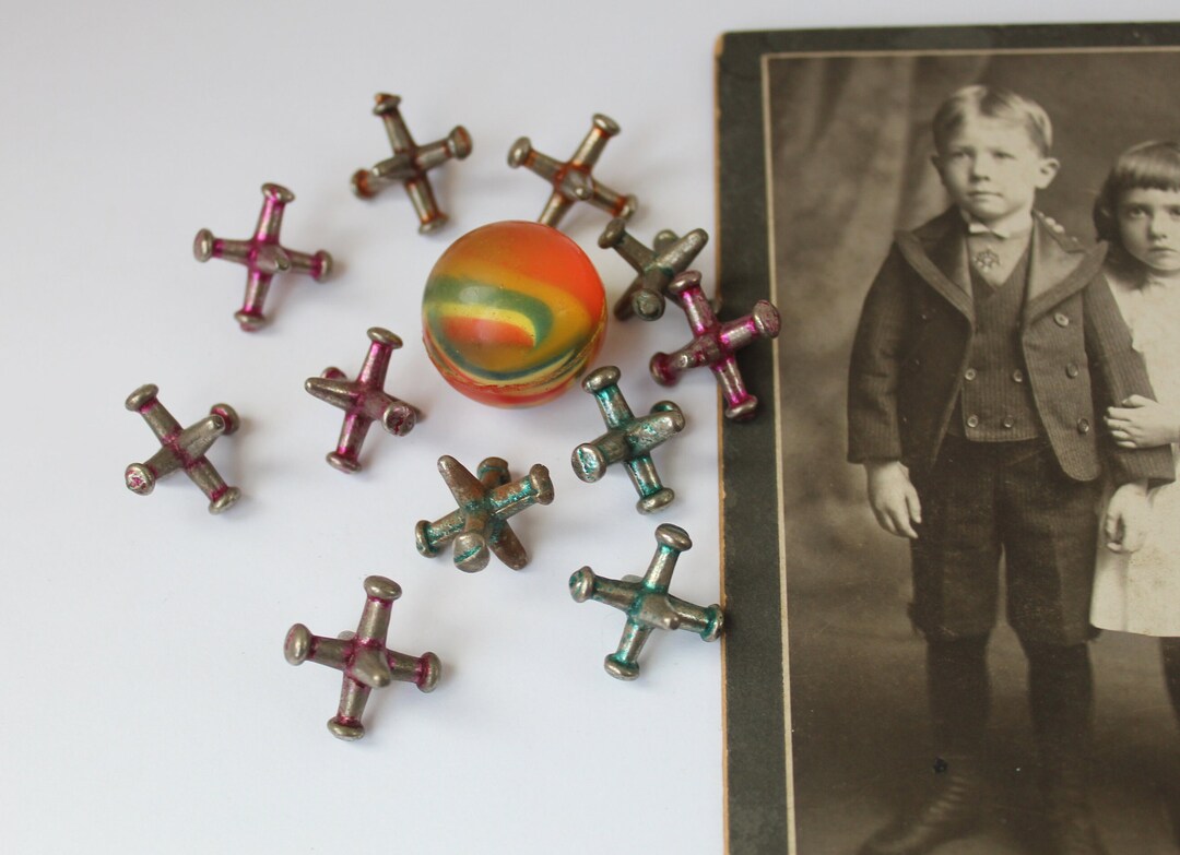 Antique Vintage Children's Games Jacks, Set of 10 Old Jacks, Heavy With