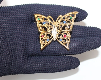 Vintage Jeweled Butterfly Pin Brooch Designer Signed MONET faux Ruby Red Stones, Faux Sapphires, White Crystal Gold Tone Butterfly Pin