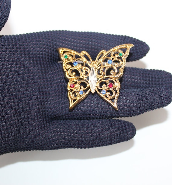 Vintage Jeweled Butterfly Pin Brooch Designer Sig… - image 1