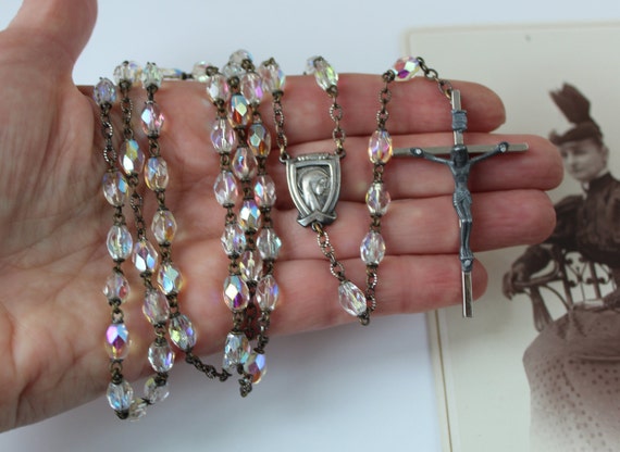 Beautiful Antique Iridescent Crystal Rosary, Face… - image 2