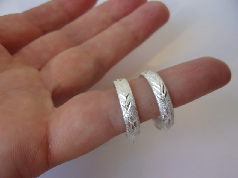 Vintage Sterling Silver Hoop Earrings Beautiful Textured Etched Design Sterling Silver Hoops Pierced Self Closing Posts