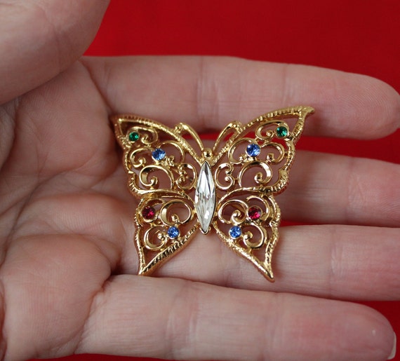 Vintage Jeweled Butterfly Pin Brooch Designer Sig… - image 4