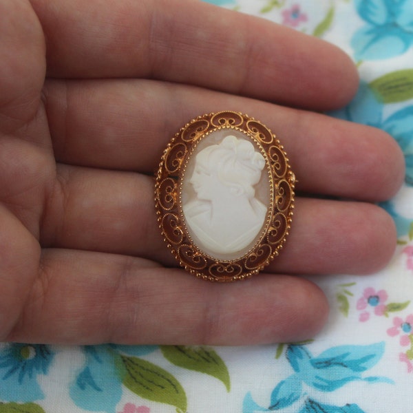 Antique Vintage Hand Carved Shell Cameo Pin, Angel Skin Coral, Pretty Pink Color, Roman Nose, 12K Gold Filled Pin, Excellent by Catamore