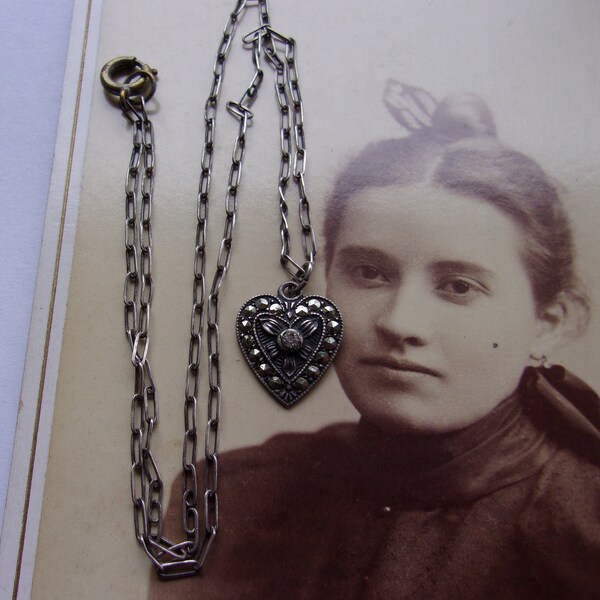 Vintage 1920s Sterling Silver Heart Necklace with Marcasite Stones and Delicate Sterling Paper Clip Chain, by Uncas, Gorgeous True Original