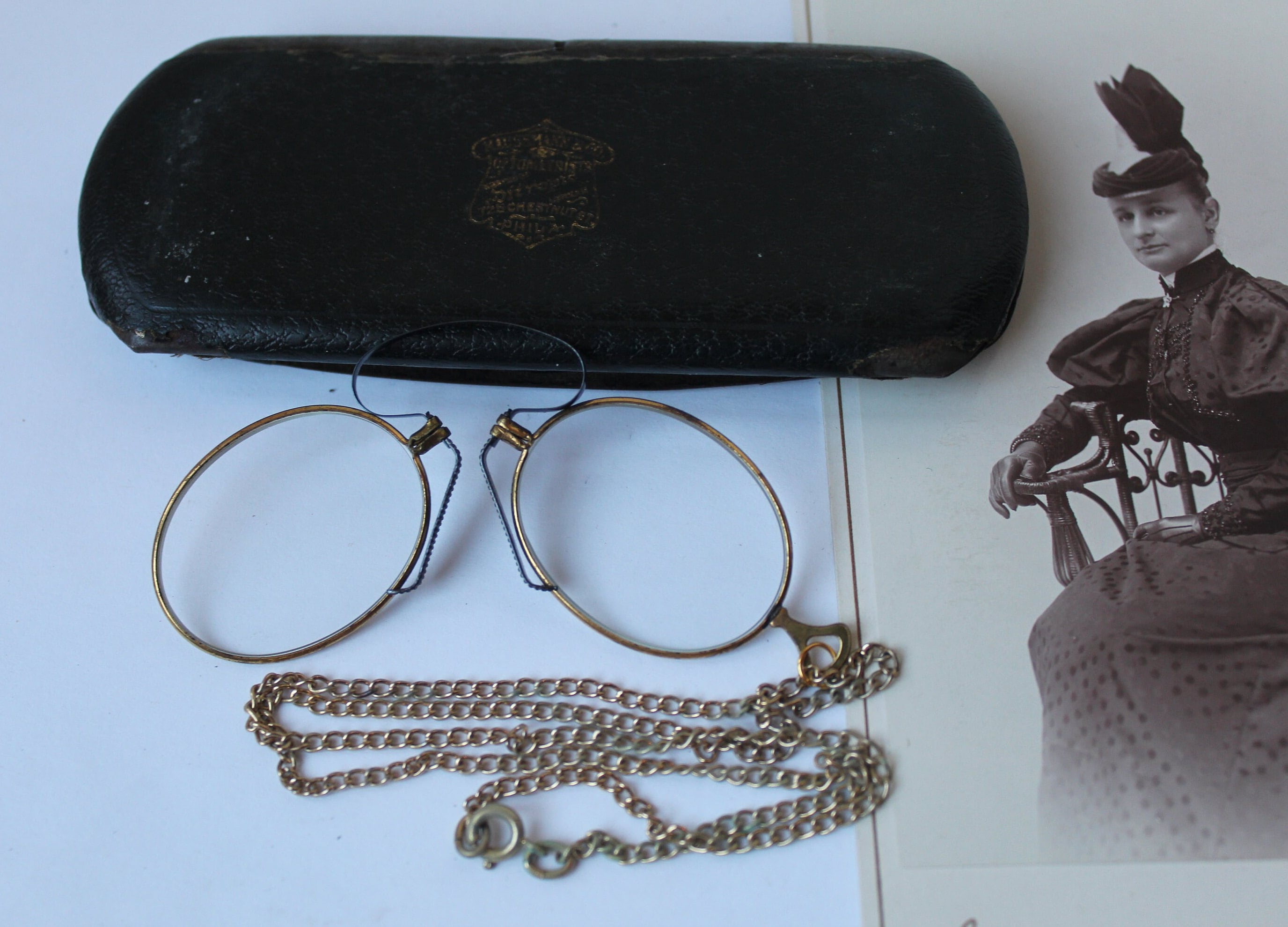 Pince Nez eyeglass spectacles w/ chain & hair pin Fits UL w/ retractor  pin 