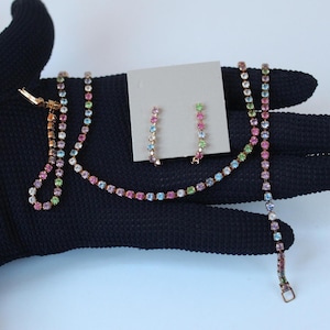 Scarce Vintage Avon Jewelry Set 1985 Brilliant Dazzler, Pastel Rhinestone Necklace and Rhinestone Hoop Style pierced post Earrings Excellent