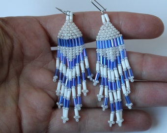 Vintage ALL GLASS Beaded Chandelier Dangle Earrings with Iridescent white beads and Blue beads